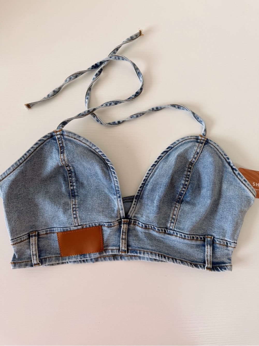 NWT Light Wash Denim Bralette Top with Tie Straps Size S (4)